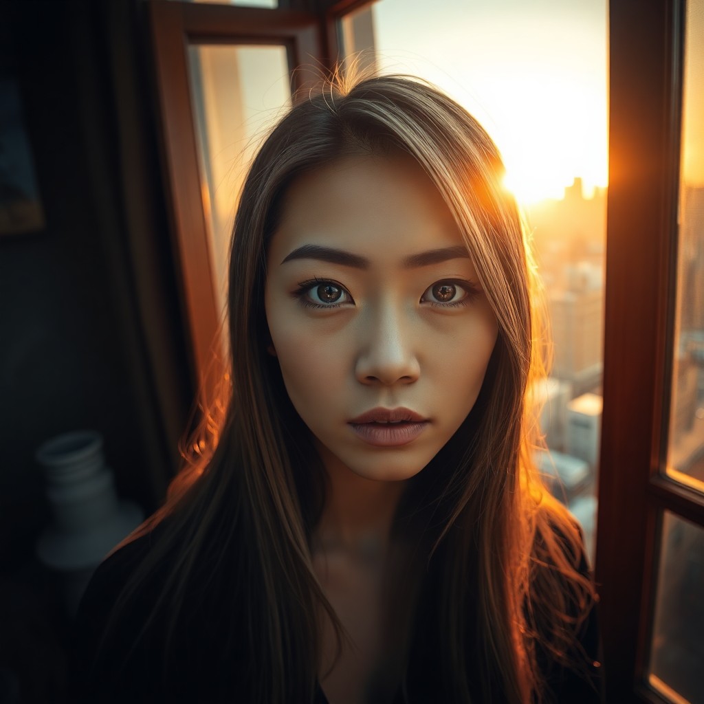 AI generated art for prompt: Create a captivating photorealistic portrait of an enigmatic East Asian woman with striking blue eye