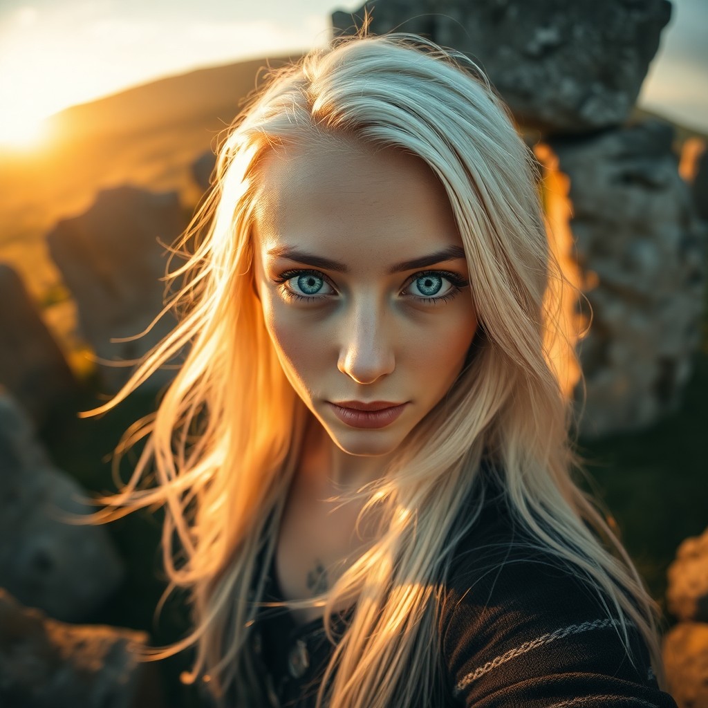 AI generated art for prompt: Envision a captivating portrait photograph featuring an ethereal Nordic woman with piercing ice-blue