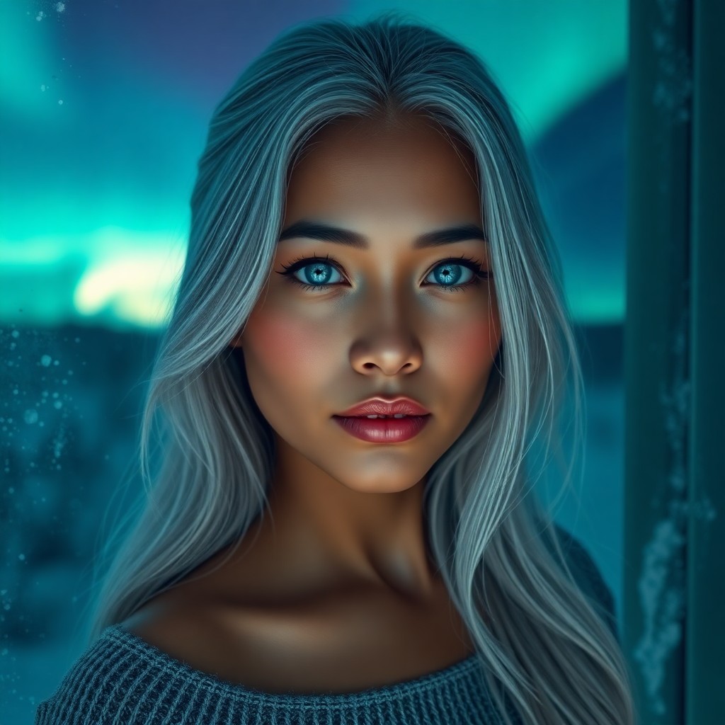 AI generated art for prompt: A photorealistic portrait photograph showcases a Pacific Islander woman with piercing blue eyes and 