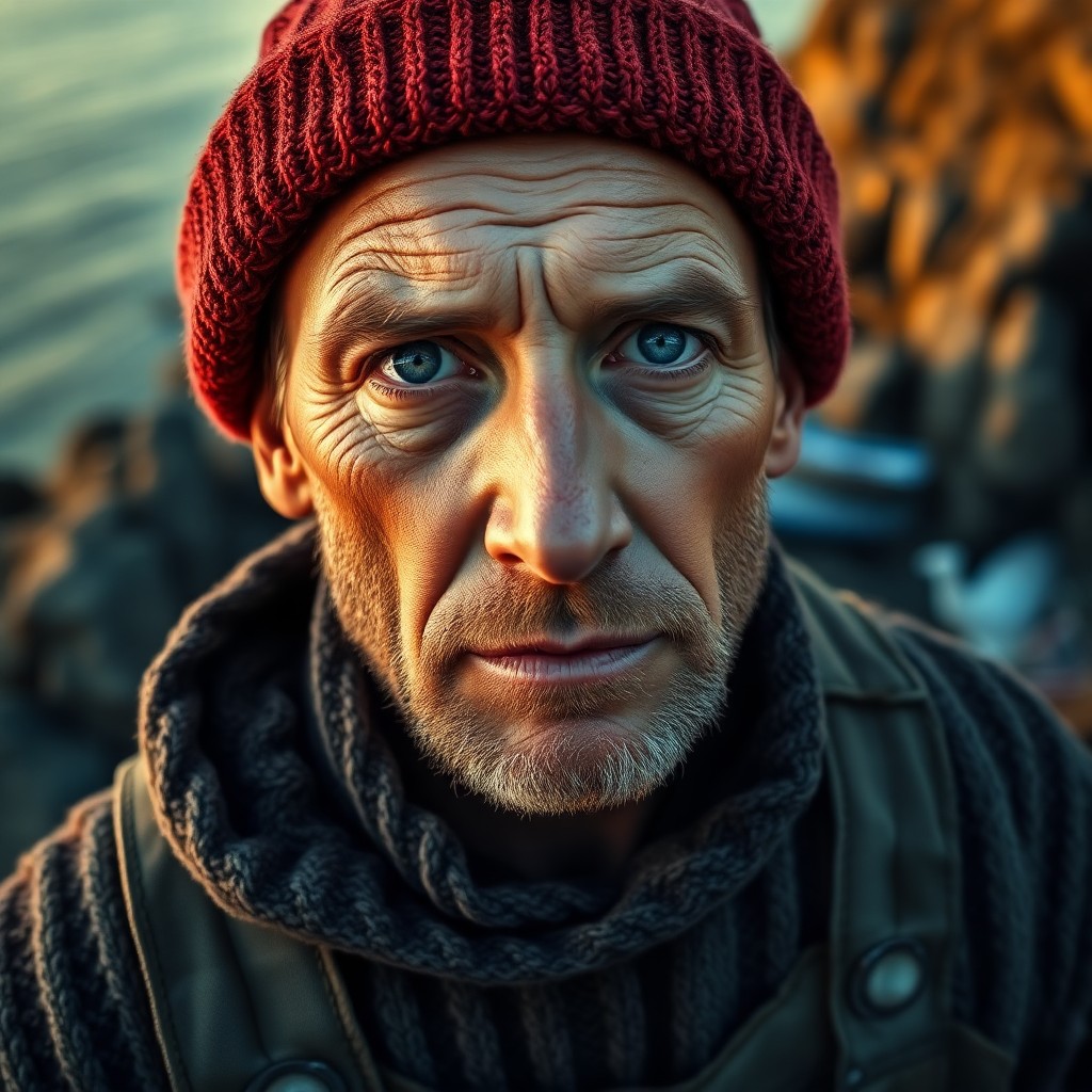 AI generated art for prompt: A photorealistic portrait photograph depicts a stoic European fisherman with piercing blue eyes and 