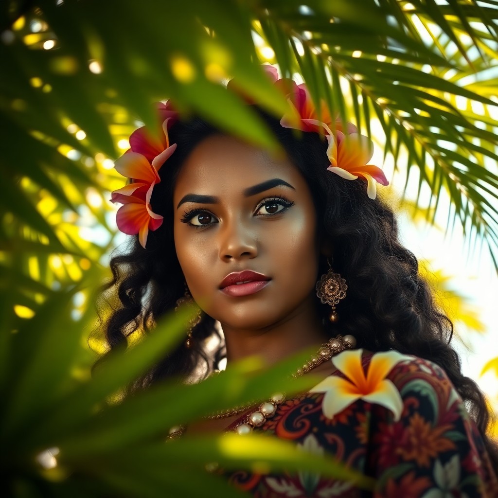 AI generated art for prompt: A captivating portrait photograph portrays a Pacific Islander woman with warm, dark eyes and cascadi