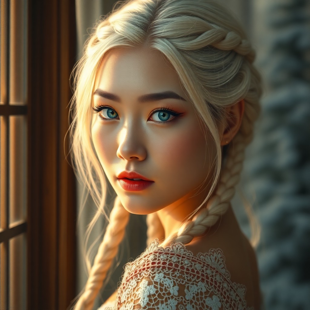 AI generated art for prompt: A captivating portrait of an East Asian woman with ice-blue eyes and platinum blonde hair styled in 