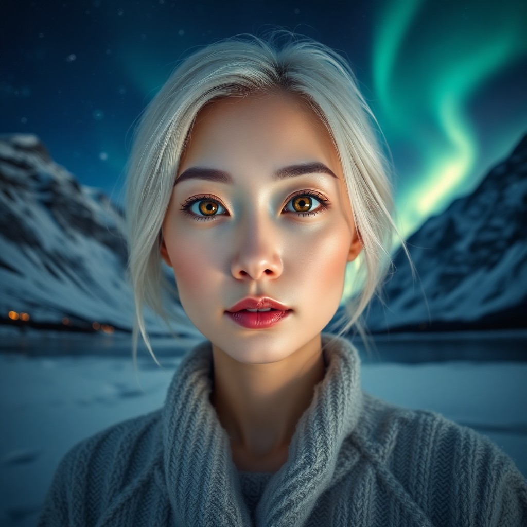 AI generated art for prompt: A photorealistic portrait photograph of an East Asian woman with striking amber eyes and shimmering 