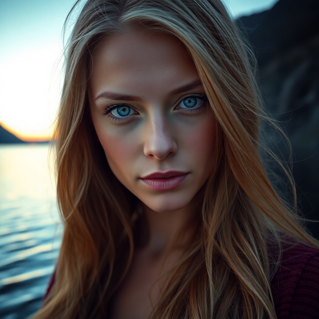 AI generated art for prompt: A photorealistic portrait photograph showcases a Nordic woman with piercing blue eyes and sun-kissed