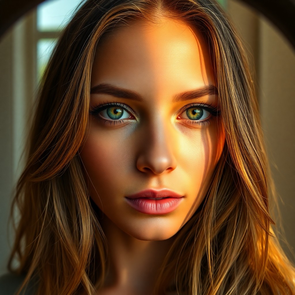 AI generated art for prompt: A photorealistic portrait of a Hispanic woman with piercing green eyes and fair skin, her long golde