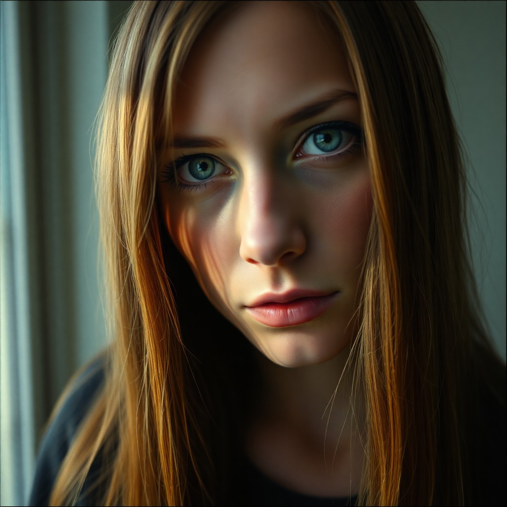 AI generated art for prompt: A film camera captures a Slavic woman's enigmatic expression, her piercing blue eyes and delicate fe