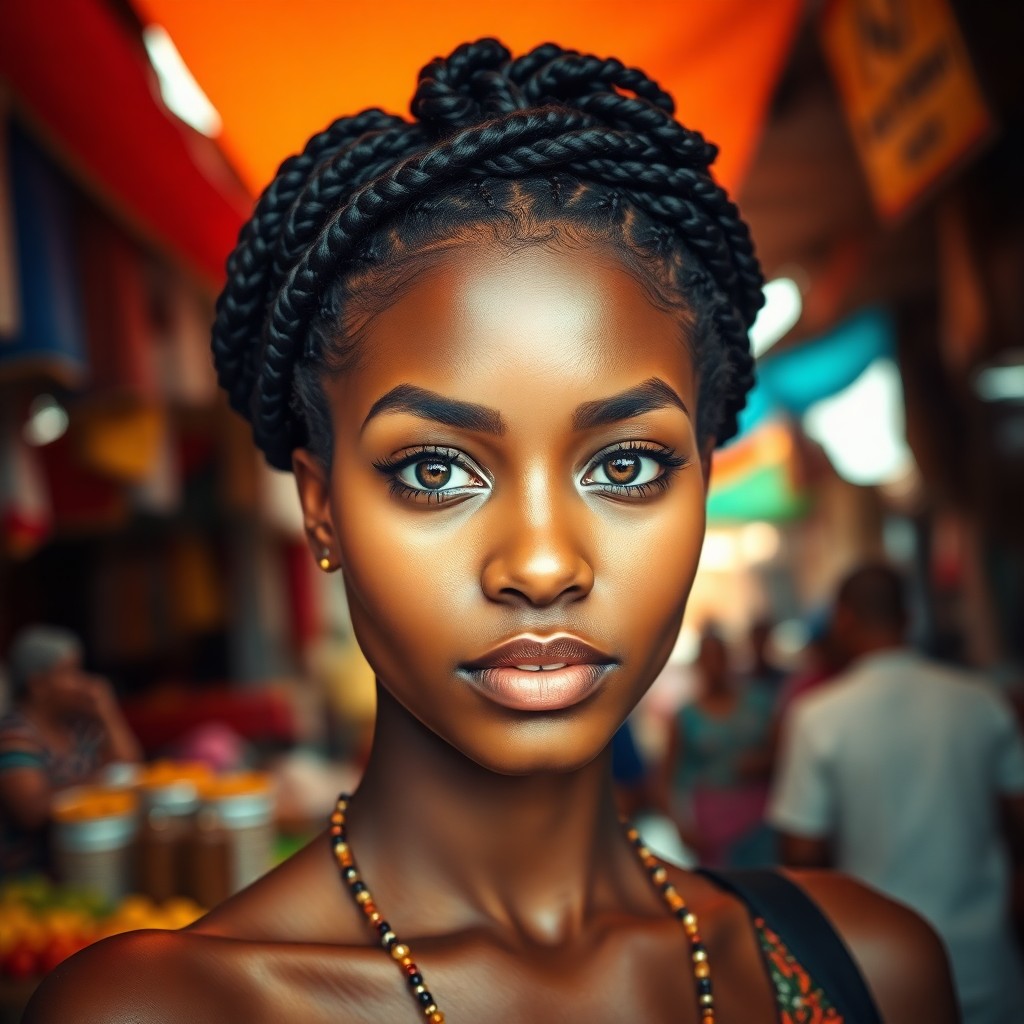 AI generated art for prompt: Visualize a captivating portrait photograph of an African woman with fair skin and hazel eyes, her h