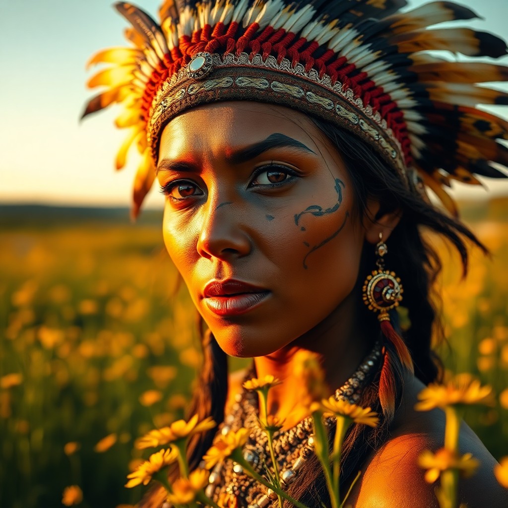 AI generated art for prompt: Imagine a captivating portrait of a Native American woman with sun-kissed skin and intricate black t