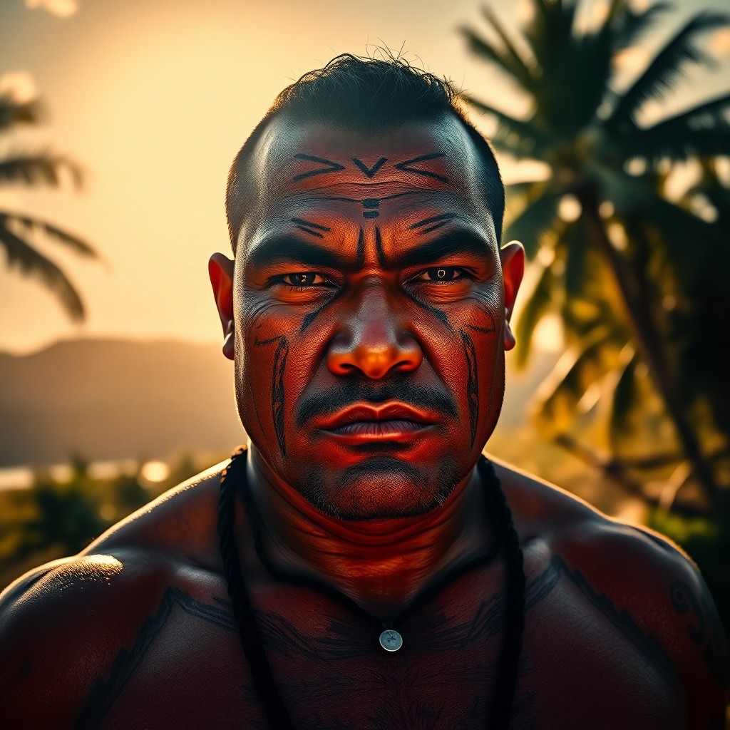 AI generated art for prompt: A confident Maori warrior, with a strong jawline and intense dark eyes, stands before a tropical lan