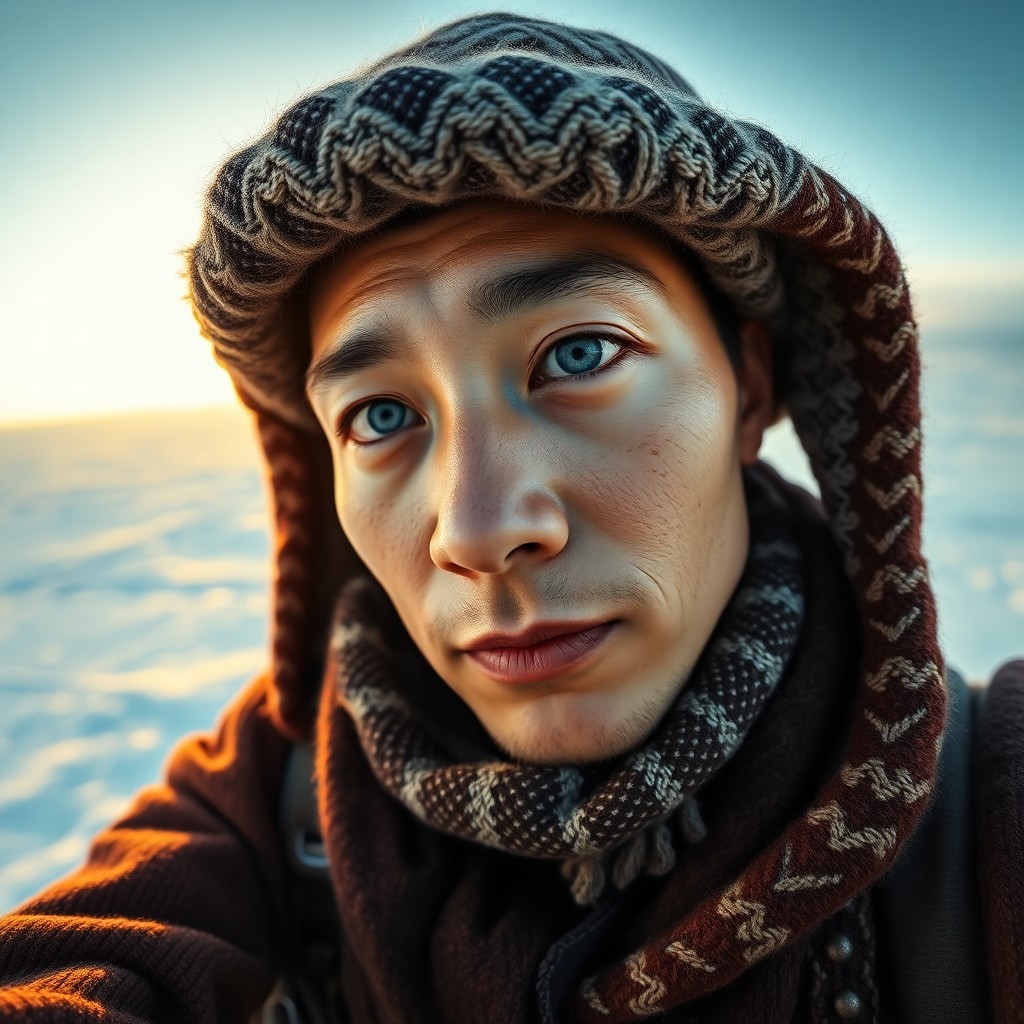 AI generated art for prompt: A smartphone camera captures an East Asian explorer with sun-kissed skin and piercing blue eyes, the