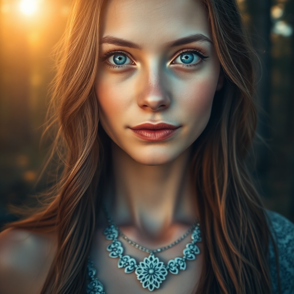 AI generated art for prompt: Envision a captivating portrait photograph of an enigmatic Nordic woman, her piercing ice-blue eyes 