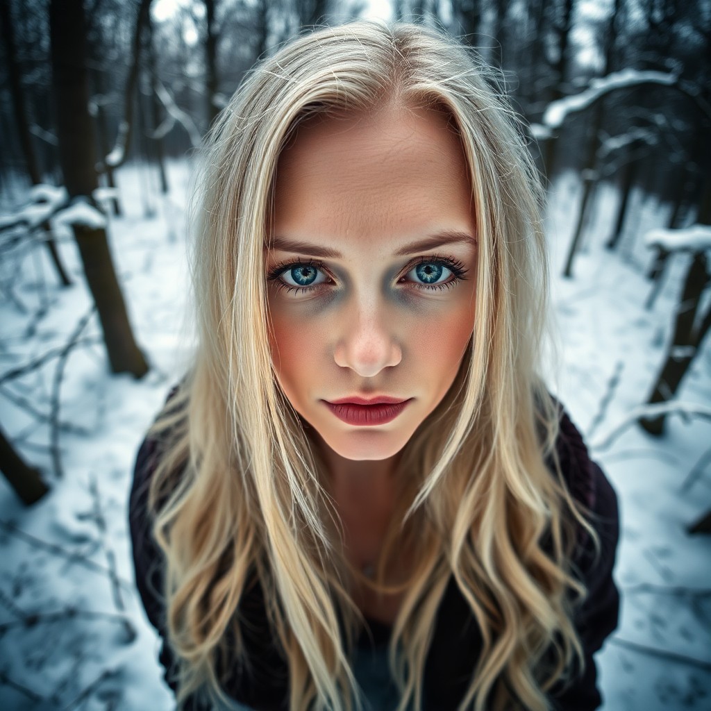 AI generated art for prompt: Imagine a mirrorless camera capturing a Nordic woman's striking portrait. Her piercing blue eyes and