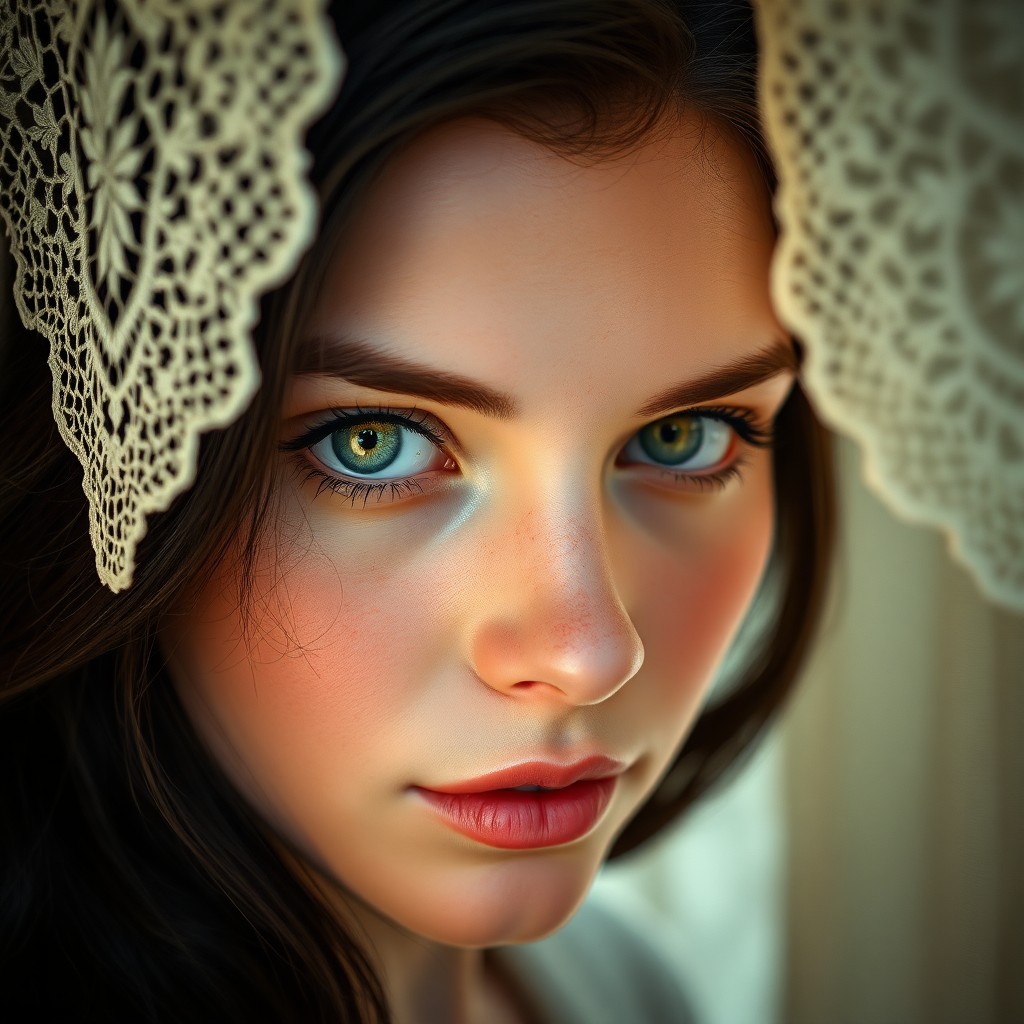 AI generated art for prompt: A photorealistic portrait showcases an Easter European woman's captivating gaze with striking green 