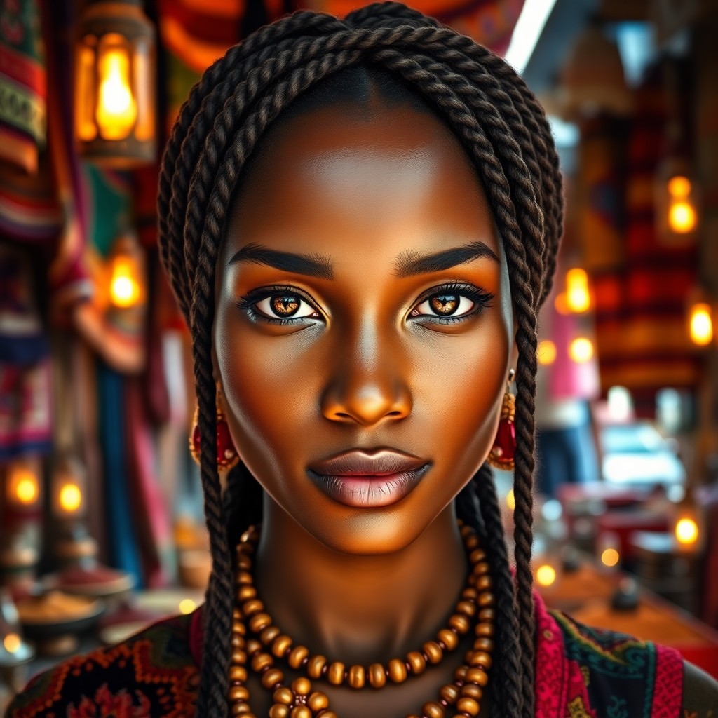 AI generated art for prompt: Create a super-realistic portrait featuring an African woman with honey-brown eyes and smooth coffee