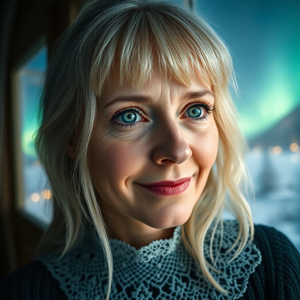 AI generated art for prompt: A photorealistic portrait of a Nordic woman with piercing green eyes and silver-blonde hair, softly 