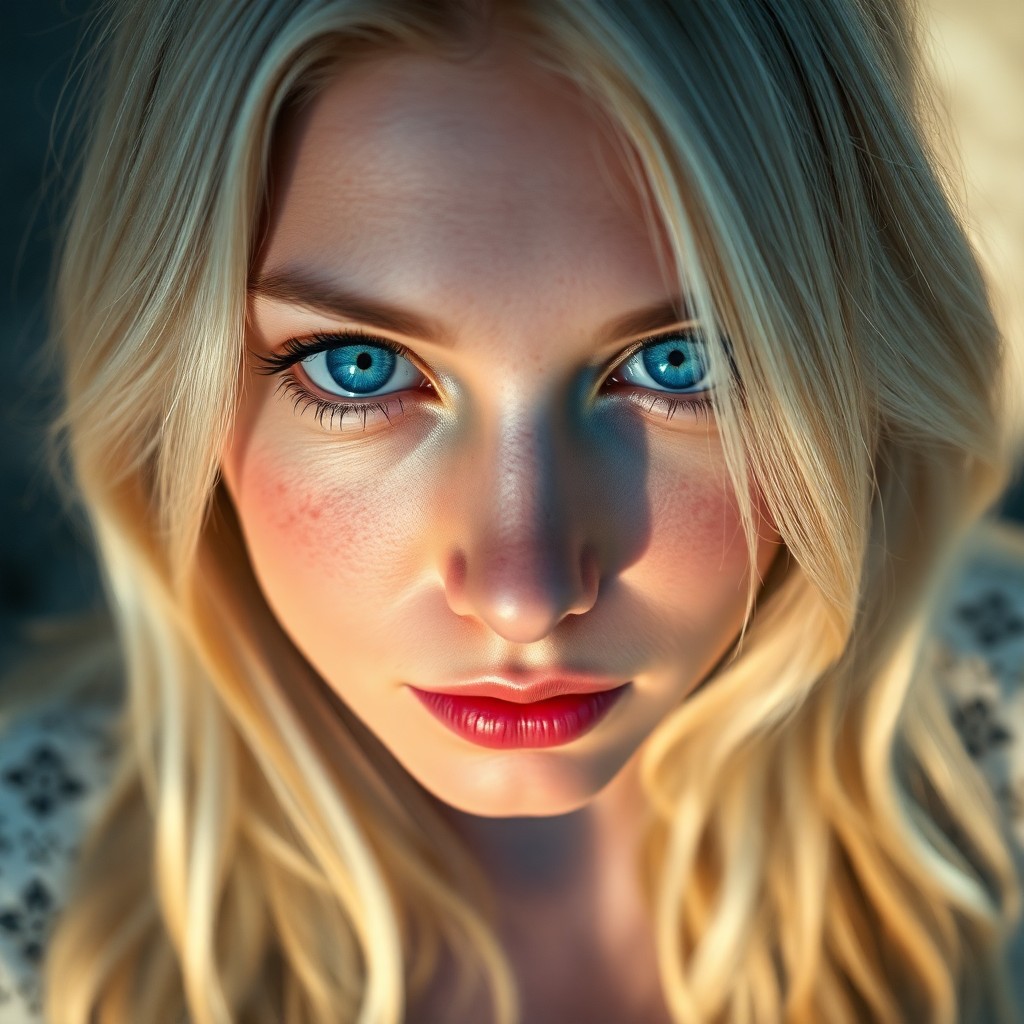 AI generated art for prompt: Craft a photorealistic portrait of a Slavic woman with icy blue eyes and intricate freckles adorning