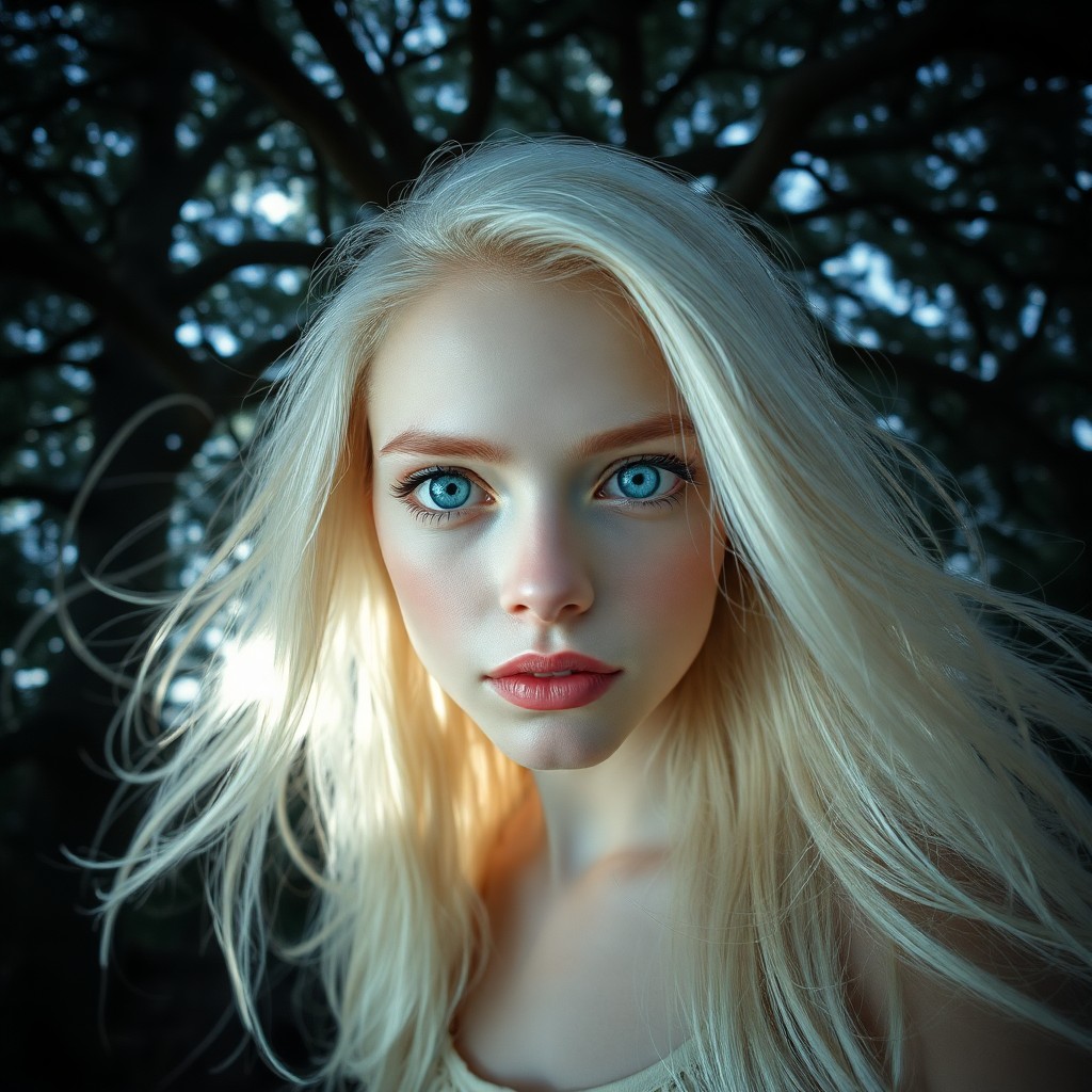 AI generated art for prompt: A photorealistic portrait photograph showcases a young Slavic woman with striking blue eyes and flow