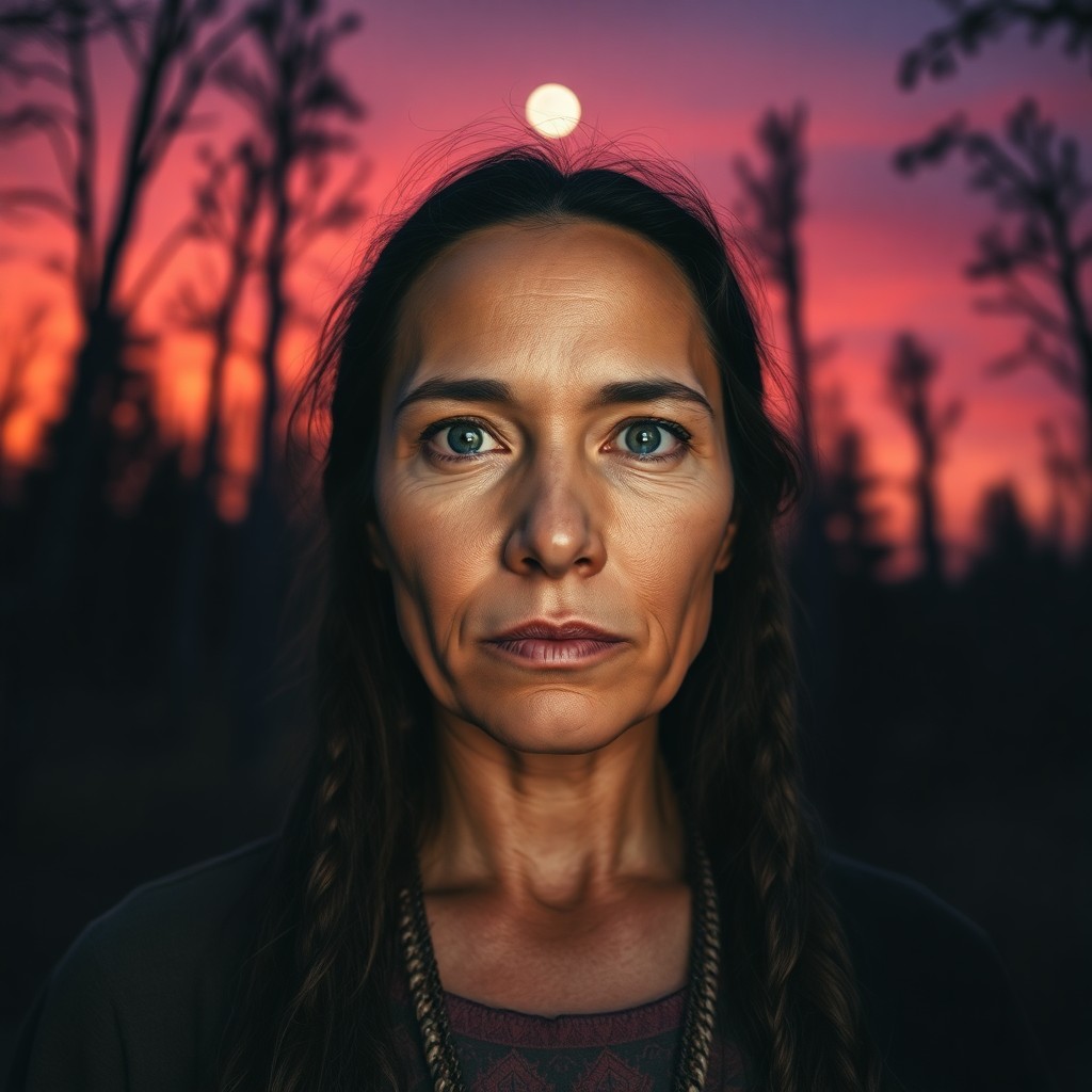 AI generated art for prompt: Envision a smartphone portrait capturing the enigmatic presence of a Native American woman in her ea