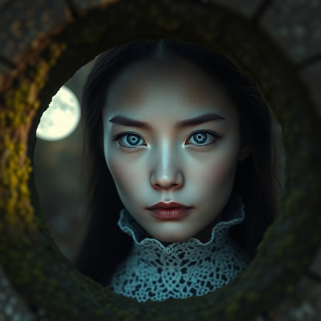 AI generated art for prompt: A portrait photograph reveals an East Asian seer's intense gaze, her piercing azure eyes illuminated