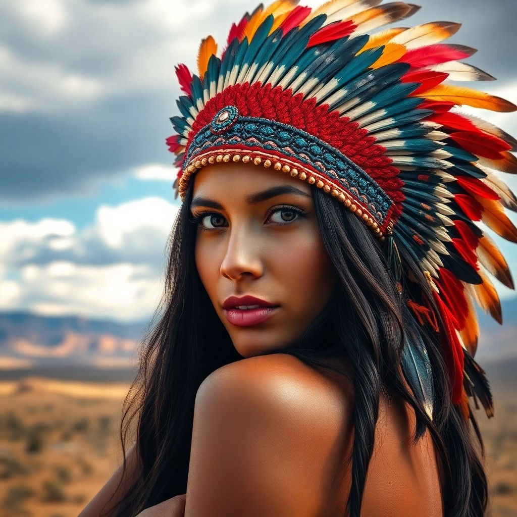 AI generated art for prompt: Craft a portrait photograph capturing a spirited Native American woman with deep brown eyes and casc