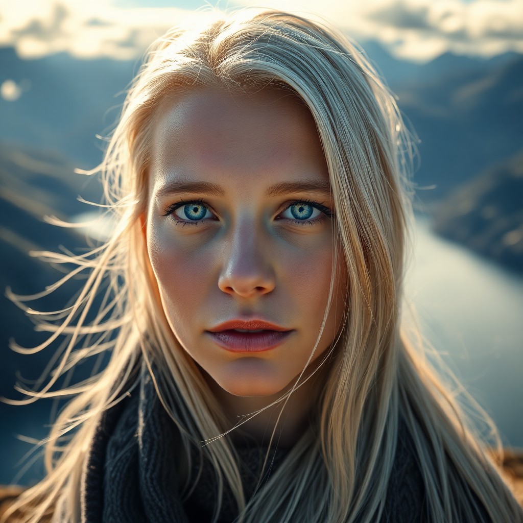 AI generated art for prompt: Craft an ultra-realistic portrait of a Nordic woman with piercing ice-blue eyes and flowing silver-b