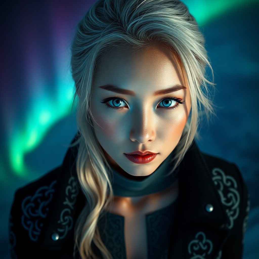 AI generated art for prompt: A photorealistic portrait photograph of a mysterious East Asian woman with piercing blue eyes and si