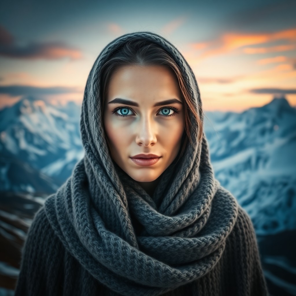 AI generated art for prompt: Envision a portrait photograph showcasing a Middle Eastern woman with striking ice-blue eyes, her ga