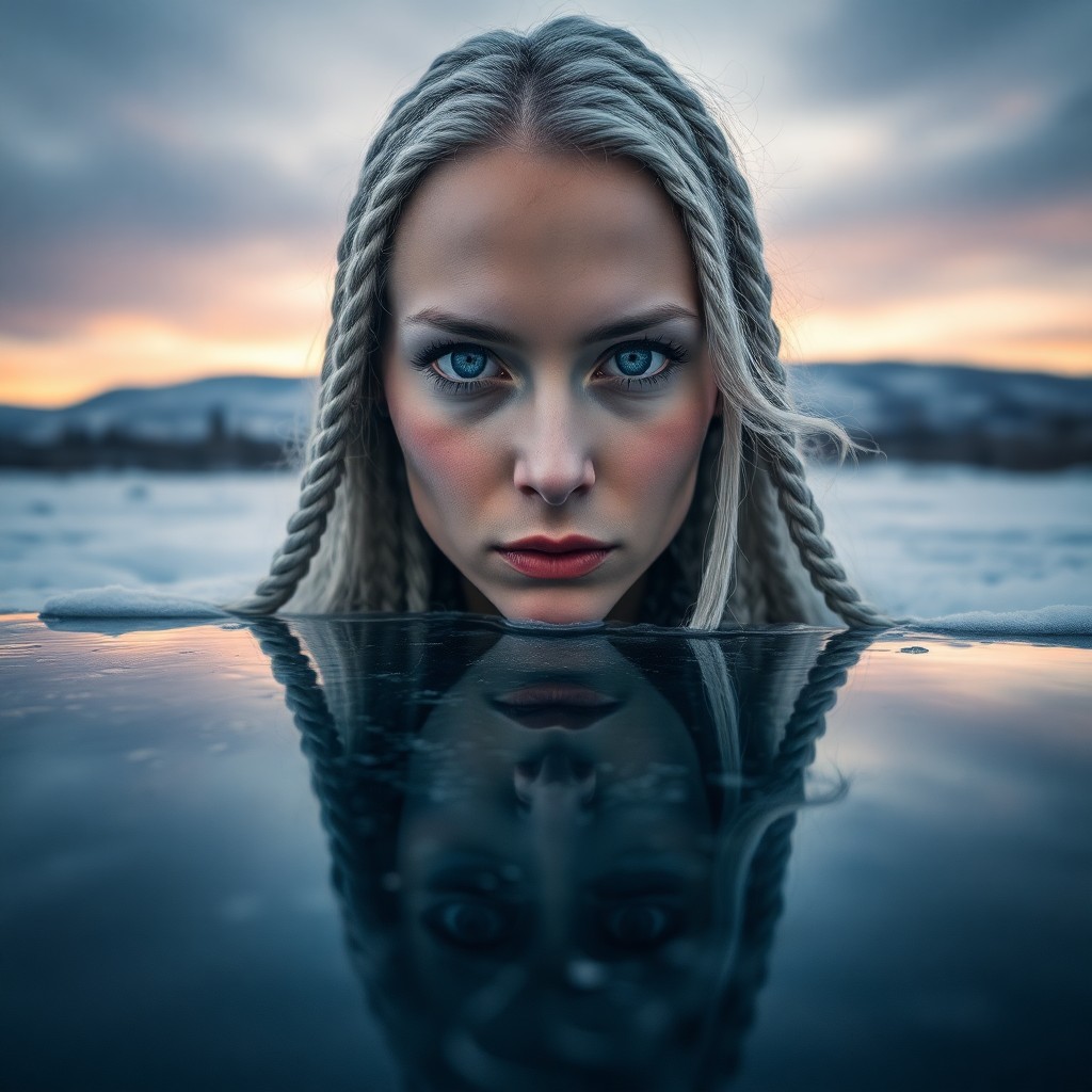 AI generated art for prompt: A photorealistic portrait photograph captures a Nordic woman's cryptic gaze with piercing icy blue e