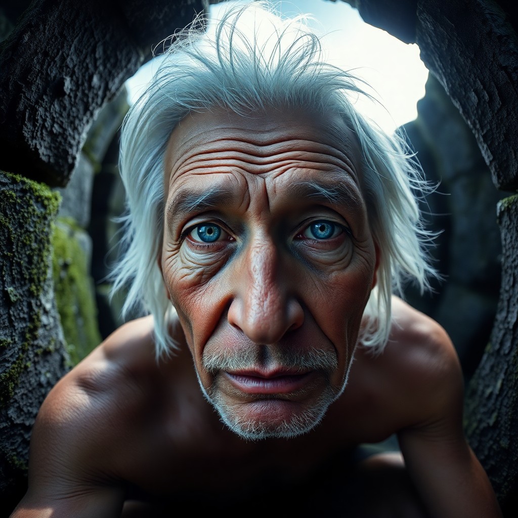 AI generated art for prompt: A portrait photograph captures a wise Pacific Islander elder with piercing blue eyes and silver-whit