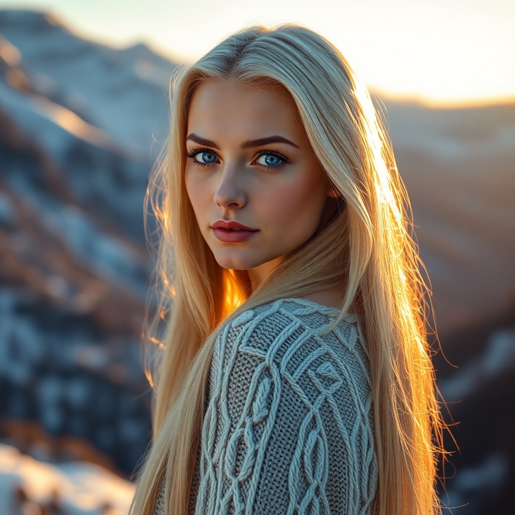 AI generated art for prompt: Imagine a portrait photograph of a Slavic woman with piercing blue eyes and long, platinum hair casc