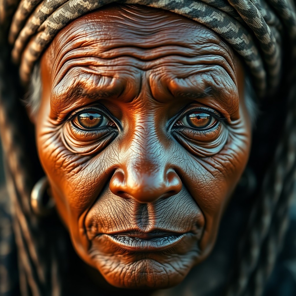 AI generated art for prompt: Envision a DSLR portrait capturing an East African elder's piercing gaze, their warm-brown eyes set 