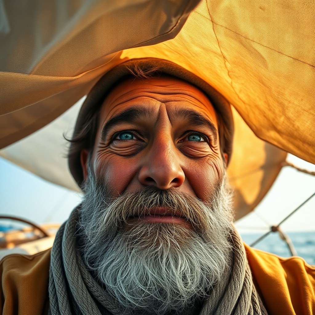 AI generated art for prompt: A charismatic Middle Eastern fisherman with piercing blue eyes and a rugged graying beard is capture