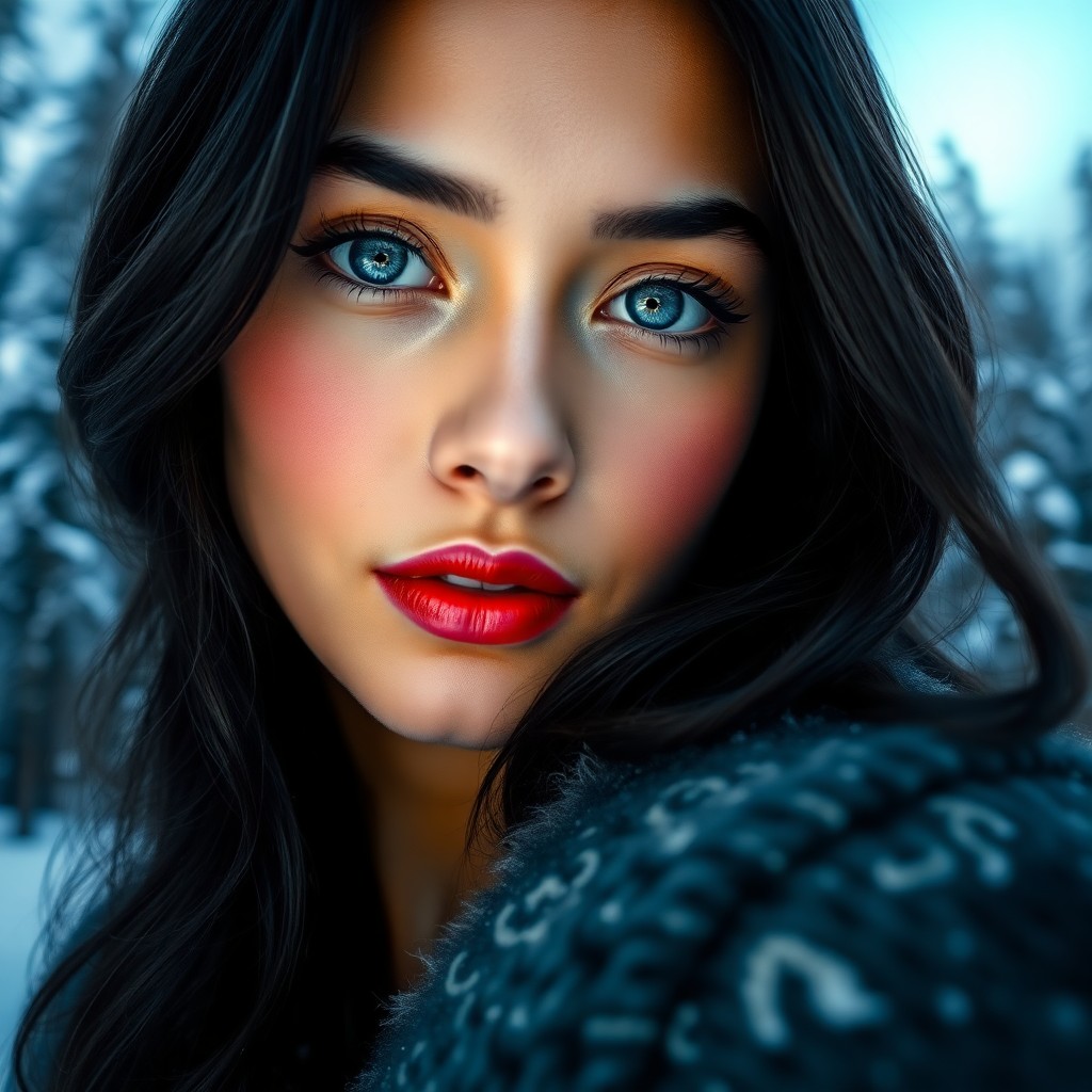 AI generated art for prompt: A photorealistic portrait of a South Asian woman with piercing ice-blue eyes and raven hair cascadin