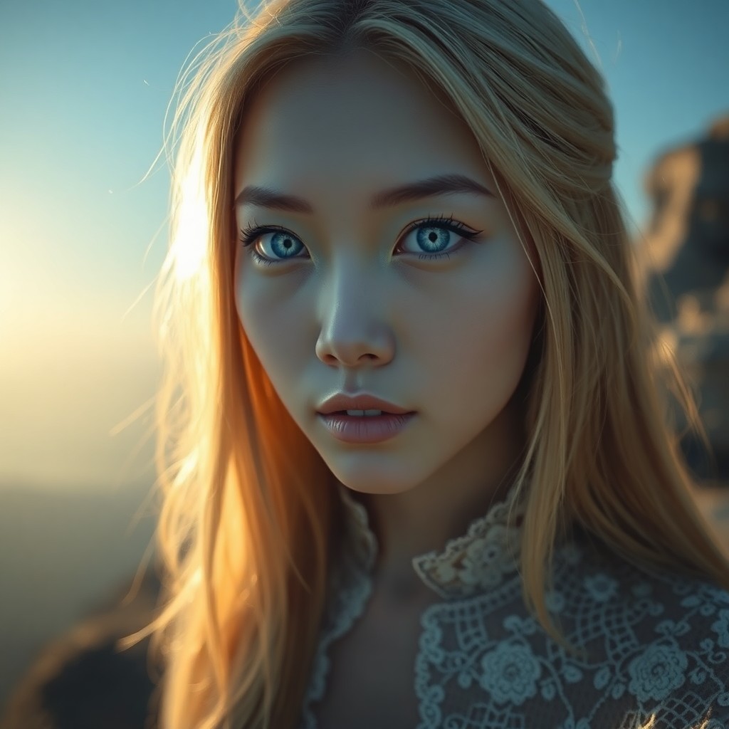 AI generated art for prompt: Imagine a captivating portrait of an East Asian woman, her piercing blue eyes and long, blonde hair 