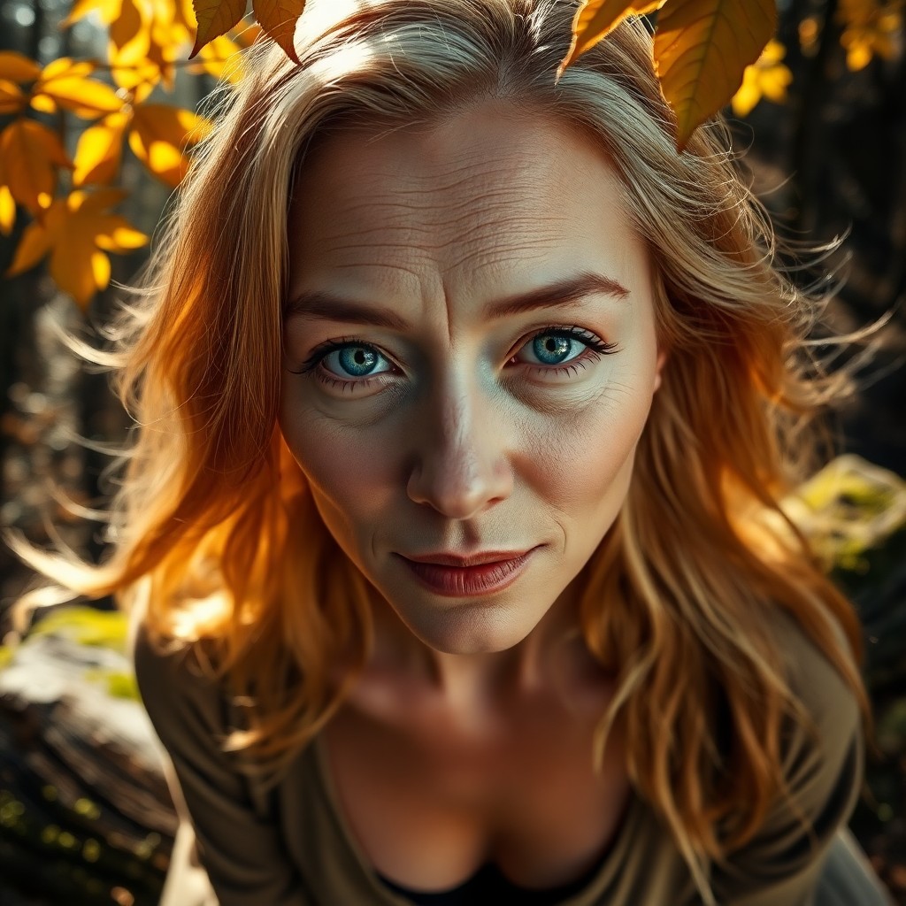 AI generated art for prompt: A serene portrait photograph of an East Asian woman with piercing blue eyes and flowing golden hair.