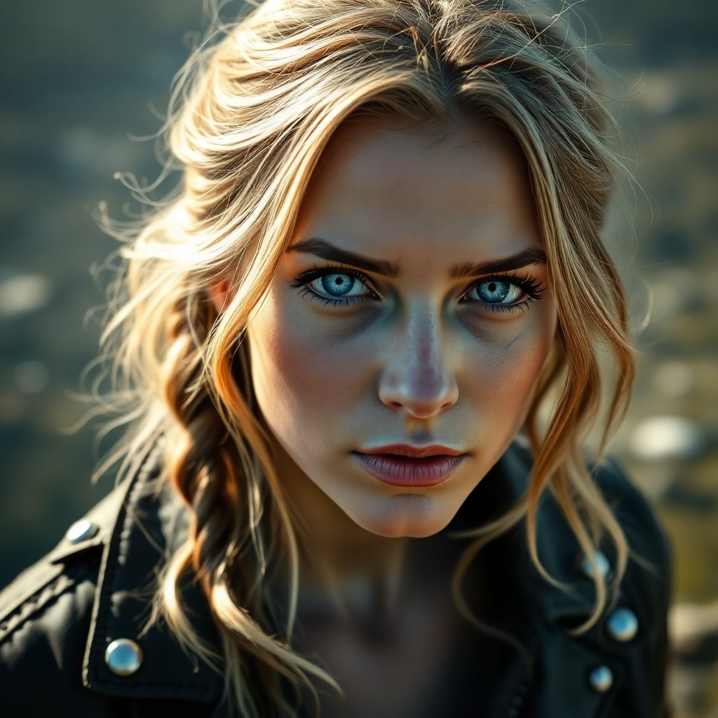 AI generated art for prompt: Craft a photorealistic portrait of a Nordic woman with mesmerizing blue eyes and sun-touched hair st