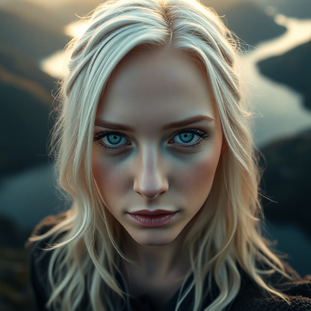 AI generated art for prompt: A DSLR captures an enigmatic European woman with piercing blue eyes and cascading platinum hair in a