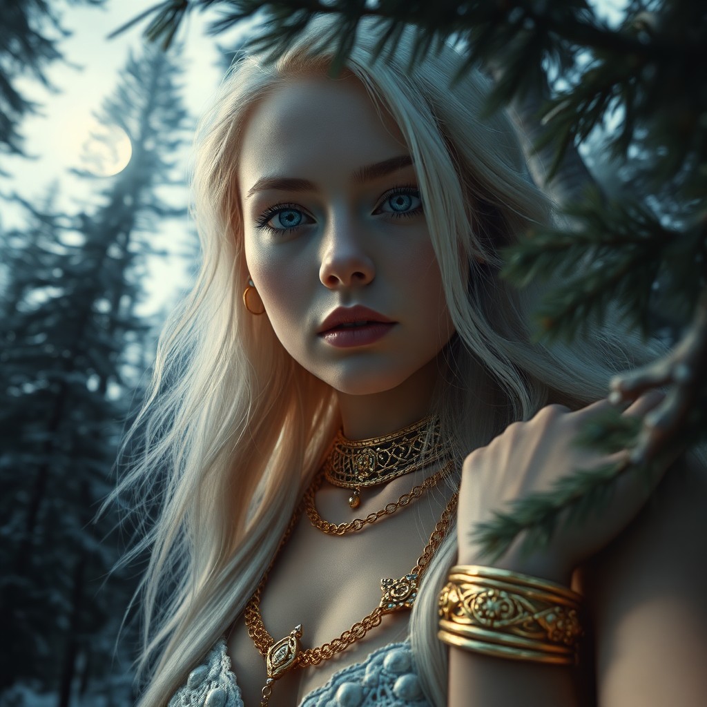 AI generated art for prompt: Craft a photorealistic portrait of a Slavic woman with mesmerizing ice-blue eyes and flowing platinu