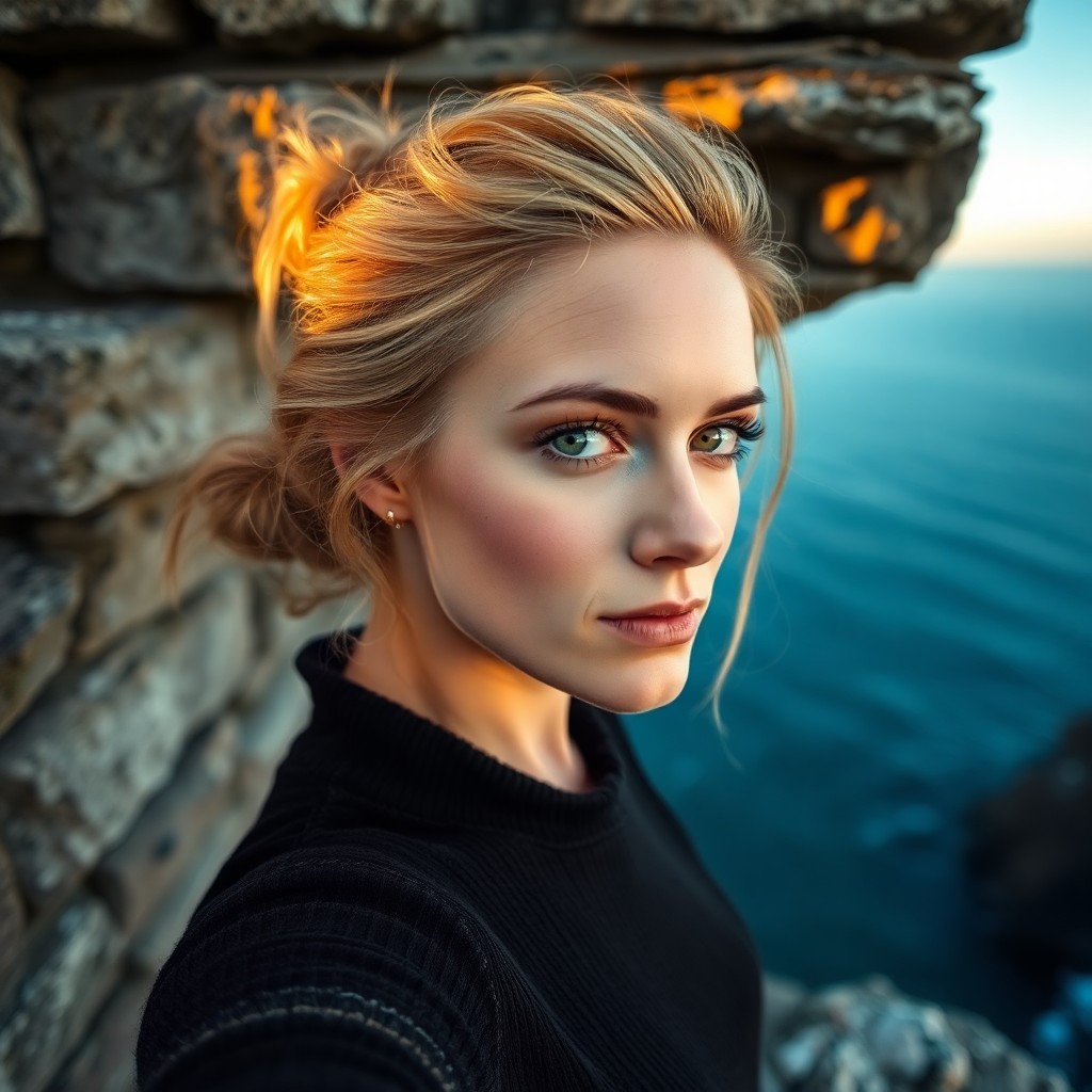 AI generated art for prompt: A mirrorless camera captures a Nordic woman, her piercing green eyes and wavy blonde hair pulled bac