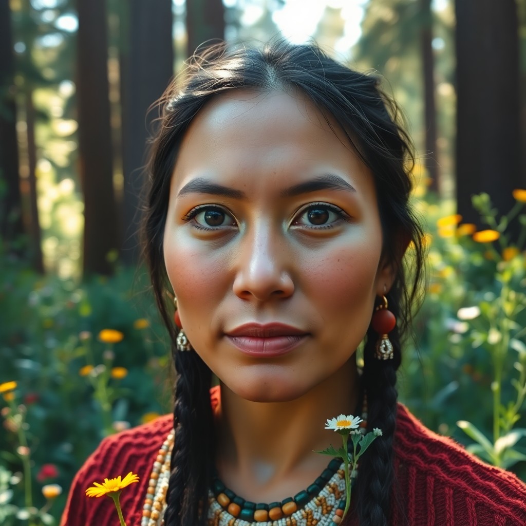 AI generated art for prompt: Craft a photorealistic portrait photograph using a film camera, capturing a Native American woman wi