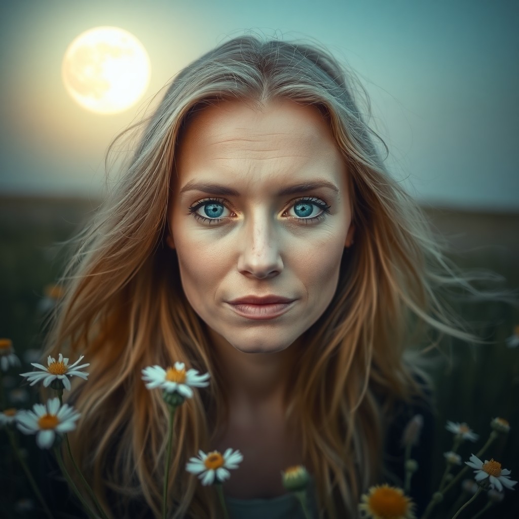 AI generated art for prompt: Imagine a portrait photograph of a Nordic woman with striking blue eyes and flowing blonde hair, cap