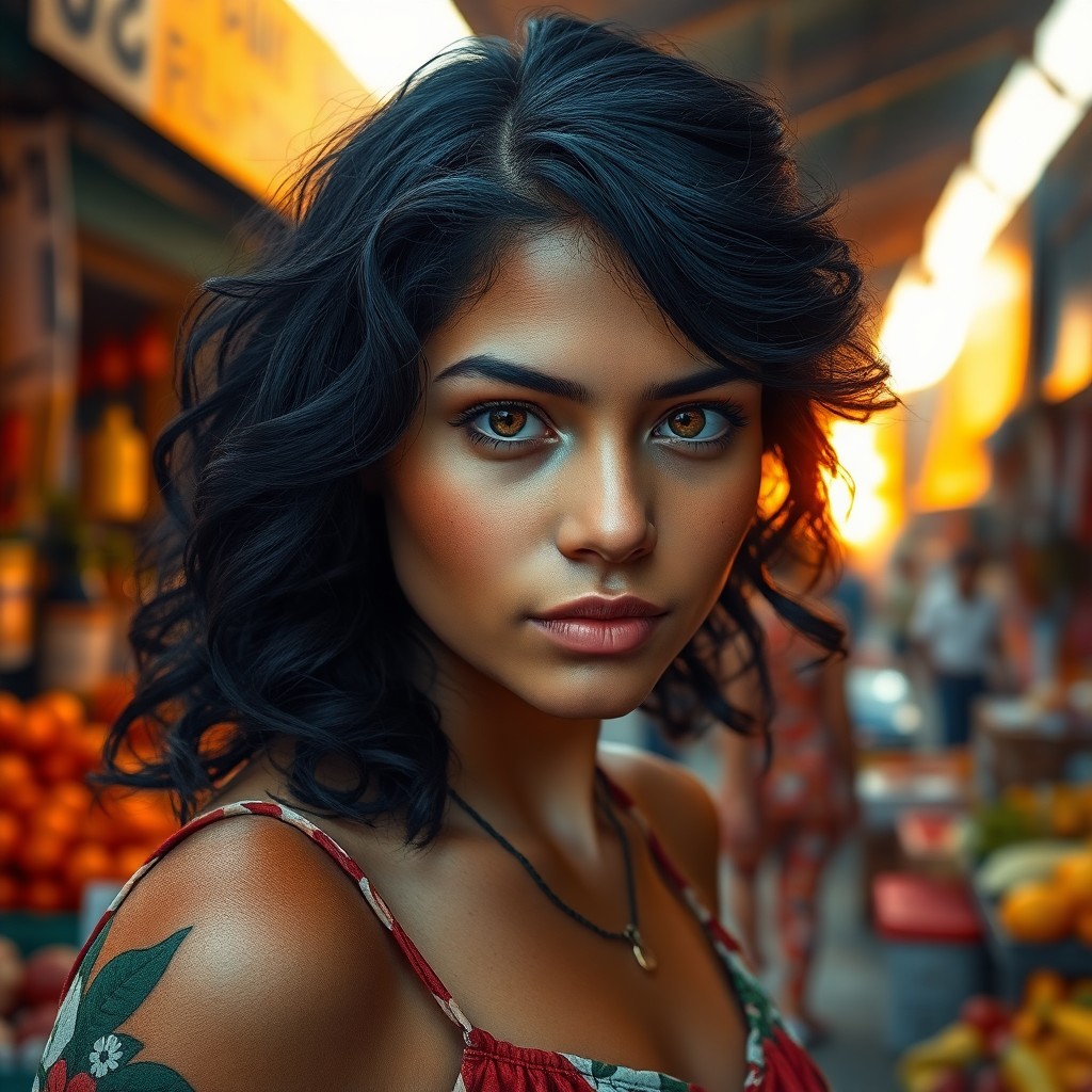 AI generated art for prompt: Craft a photorealistic portrait of a young South American woman with warm hazel eyes and cascading b