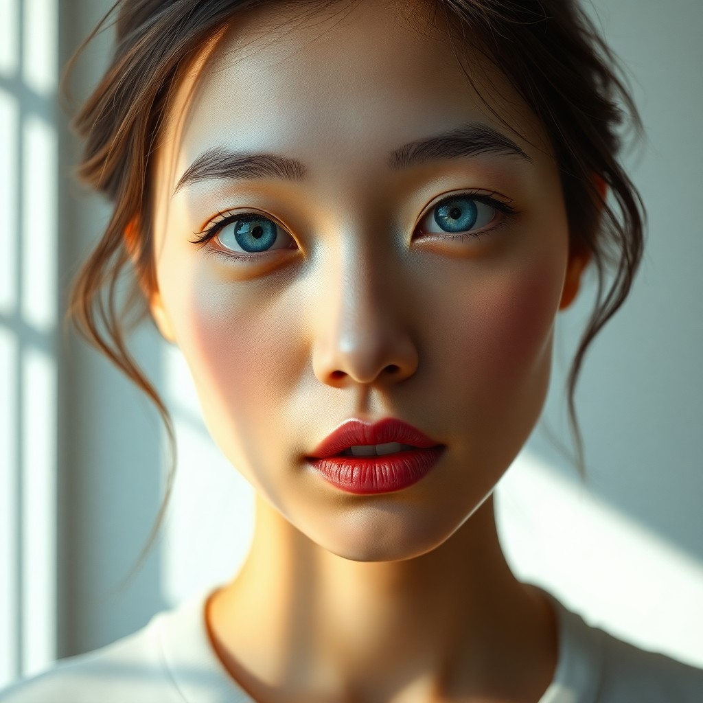 AI generated art for prompt: Envision a hyperrealistic portrait of an East Asian woman with piercing blue eyes and an expressive 