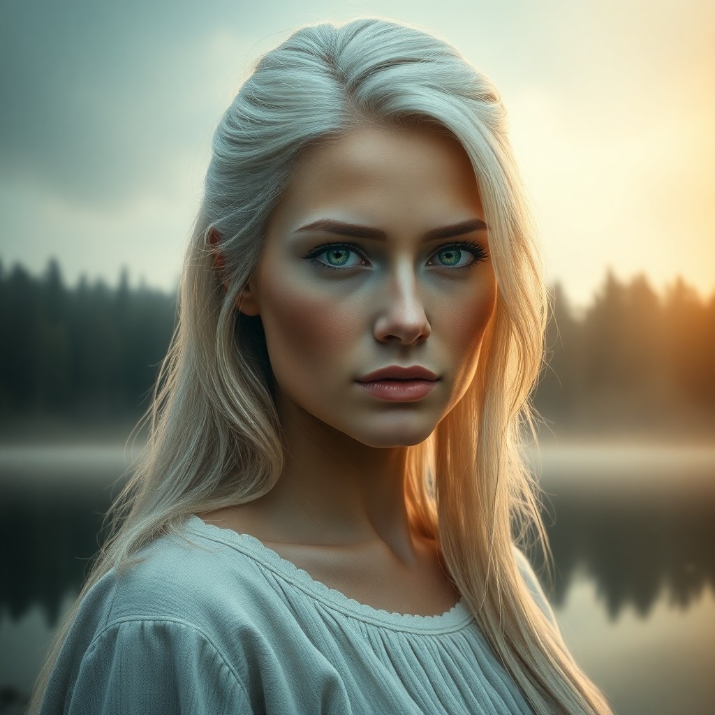 AI generated art for prompt: Craft a photorealistic portrait of a European woman with piercing green eyes and platinum blonde hai