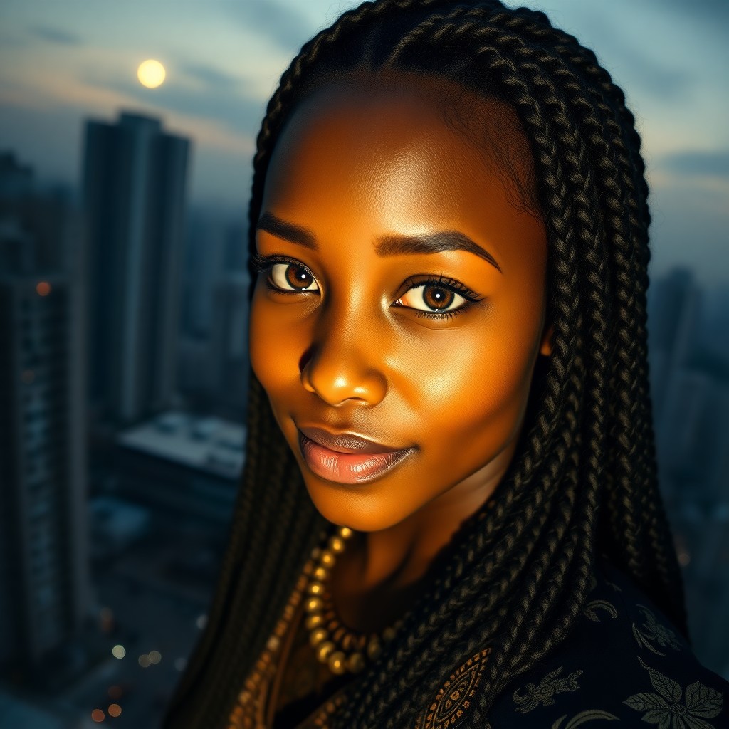 AI generated art for prompt: Super-realistic portrait of a young African woman with captivating amber eyes and intricately braide