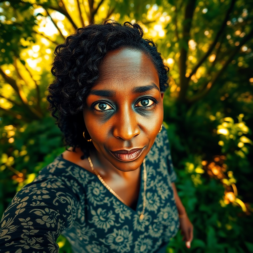 AI generated art for prompt: A smartphone camera captures a direct gaze from a middle-aged African woman with captivating dark ey