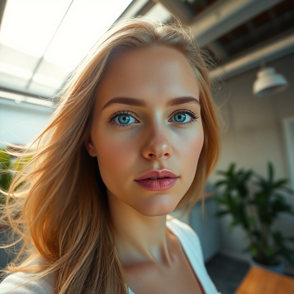 AI generated art for prompt: A photorealistic portrait photograph showcases a European woman with striking ice-blue eyes and flaw