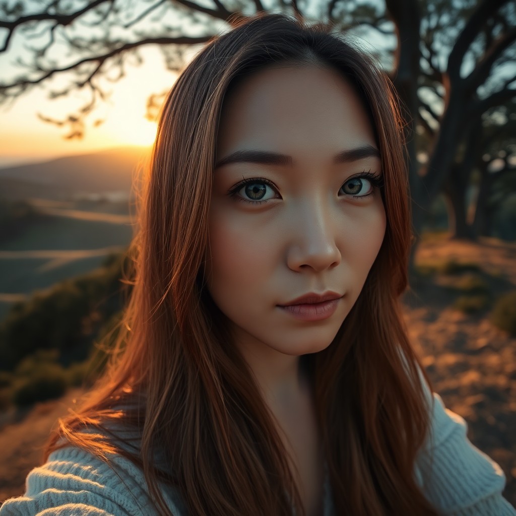 AI generated art for prompt: A 35-year-old East Asian woman with piercing blue eyes and long, golden-brown hair is captured in a 