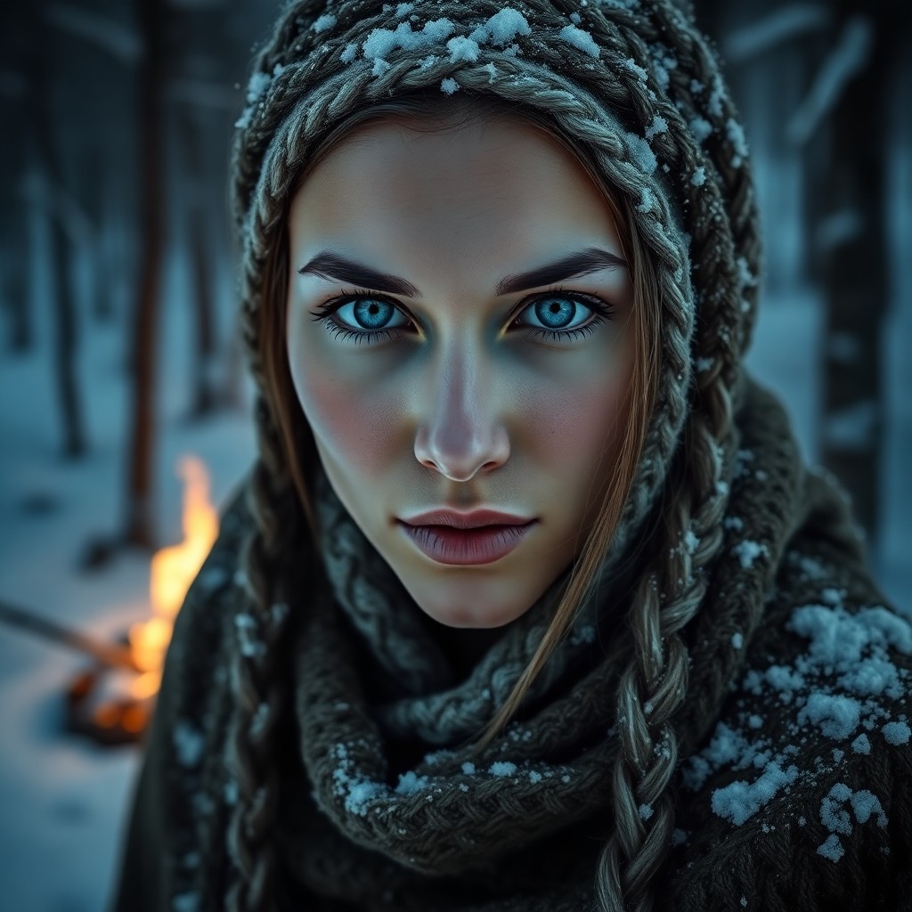 AI generated art for prompt: Craft a hyperrealistic portrait of a Middle Eastern woman with piercing blue eyes and fair skin, her