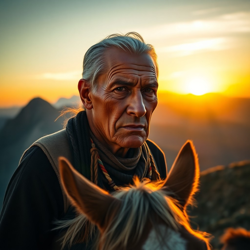 AI generated art for prompt: A photorealistic portrait captures a weathered Native American elder with deep, wise eyes and close-